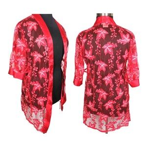 Sindrella Women's Red Floral Sparkly Sheer Robe NO BELT Size M